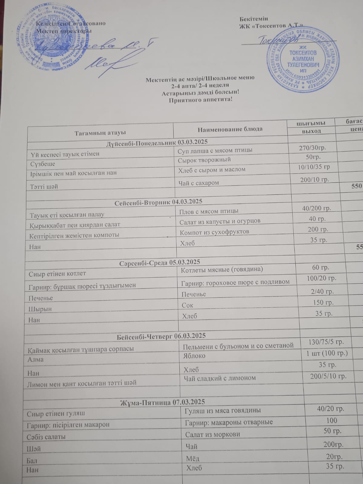 03.03-07.03.2025 күндері аралығындағы мектептің ас мәзірі