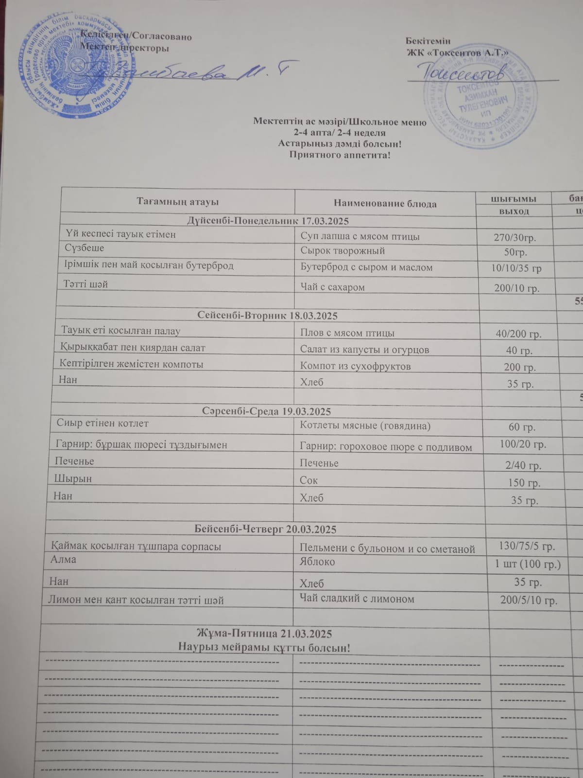 17.03-20.03.2025 күндері аралығындағы мектептің ас мәзірі