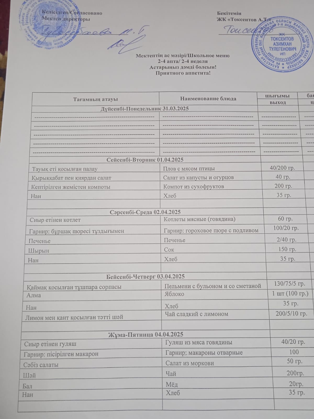 01.04-04.04.2025 күндері аралығындағы мектептің ас мәзірі