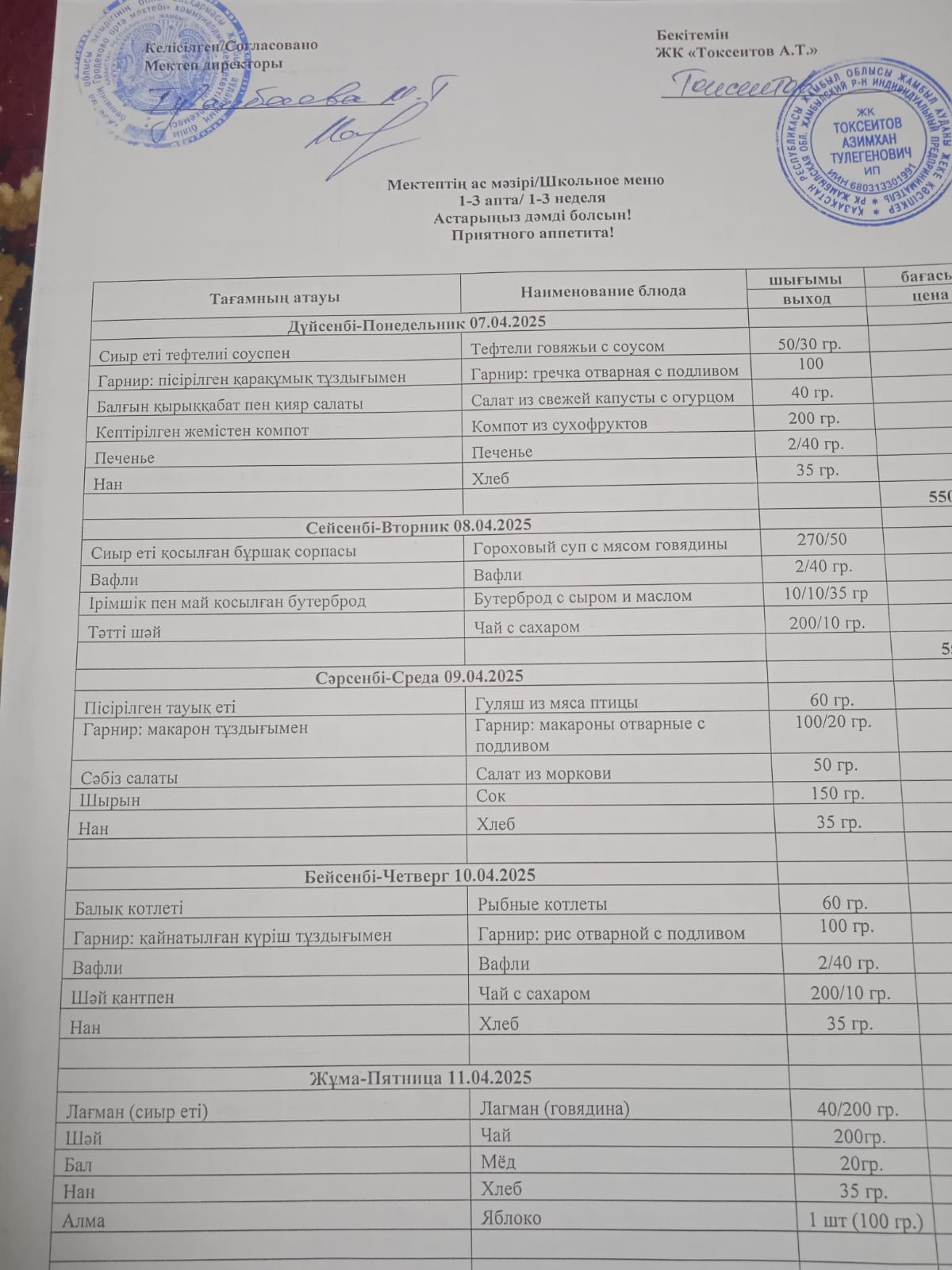 07.04-11.04.2025 күндері аралығындағы мектептің ас мәзірі